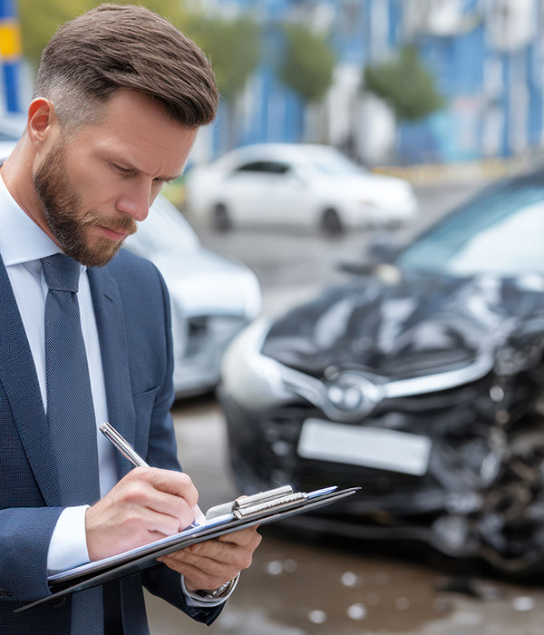 Insurance agent assessing damage after a car accident