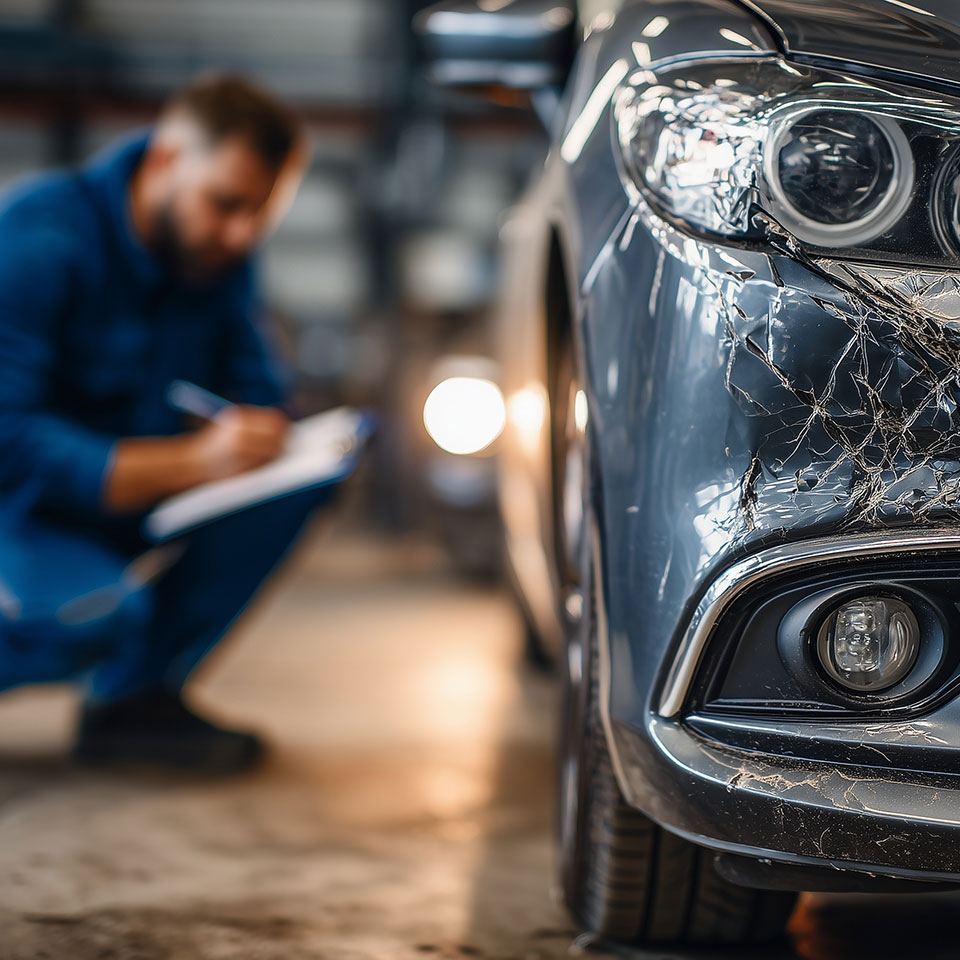 Front-end car with headlight and bumper damage at repair shop, mechanic inspecting for insurance claim and car damage repayment.