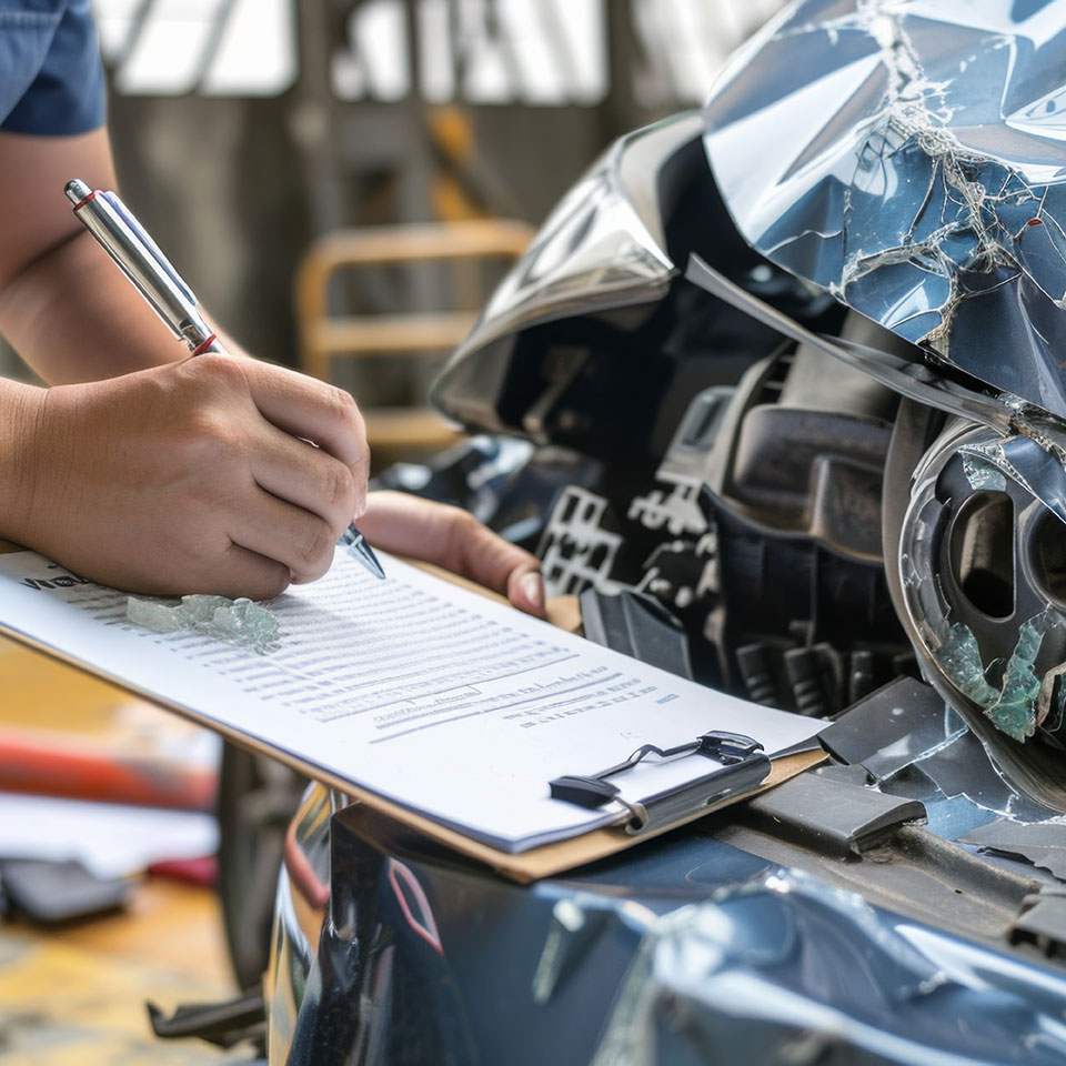 An insurance agent assessing and writing on a clipboard about the damage to a car involved in a crash